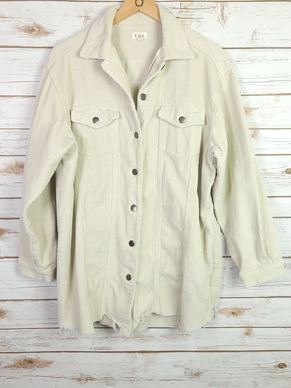 POL Corduroy Shacket Small Ivory Raw Hem Distressed Cotton Lightweight